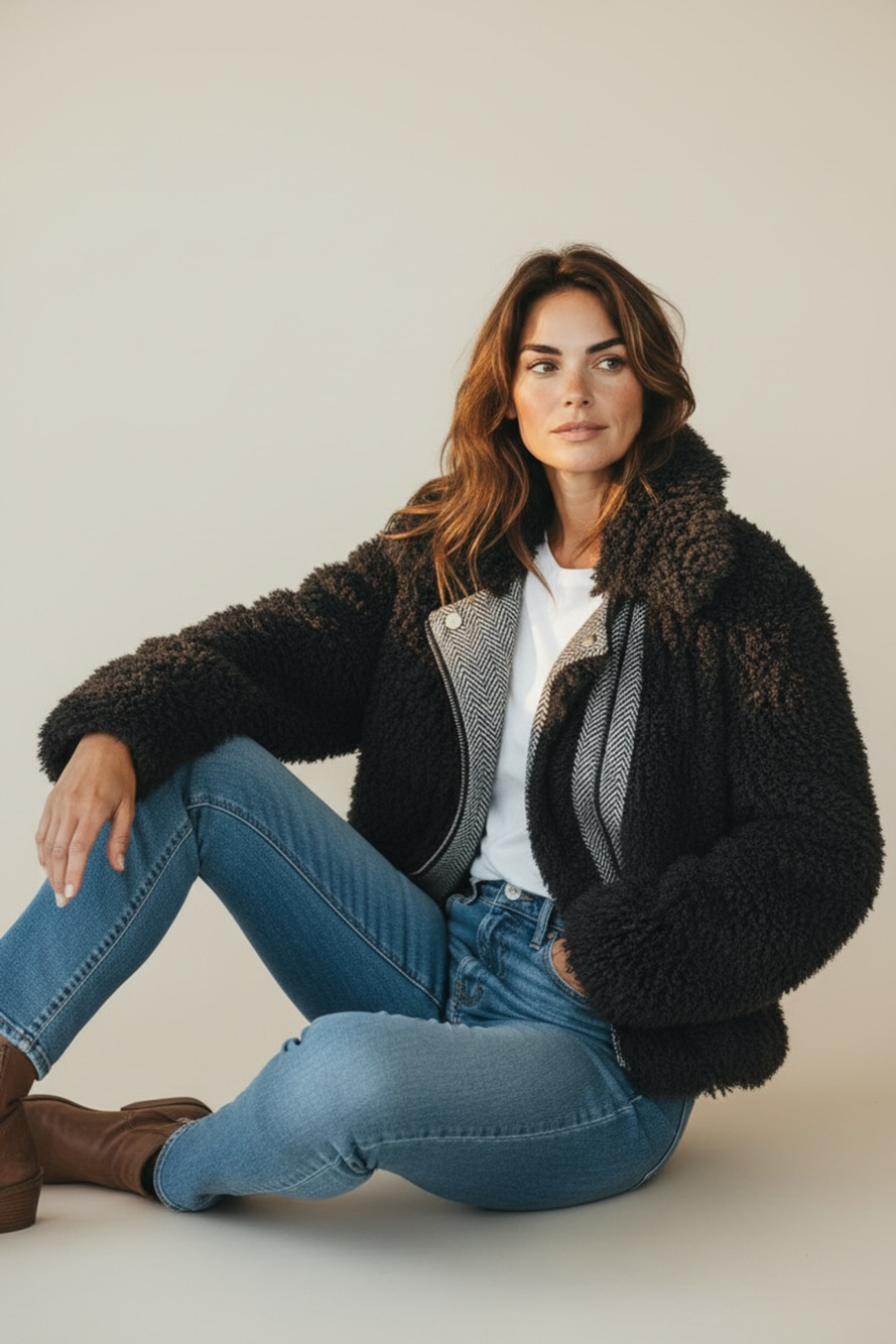 Bar III Women L Faux Sherpa Moto Jacket Black Asymmetric Herringbone Zip